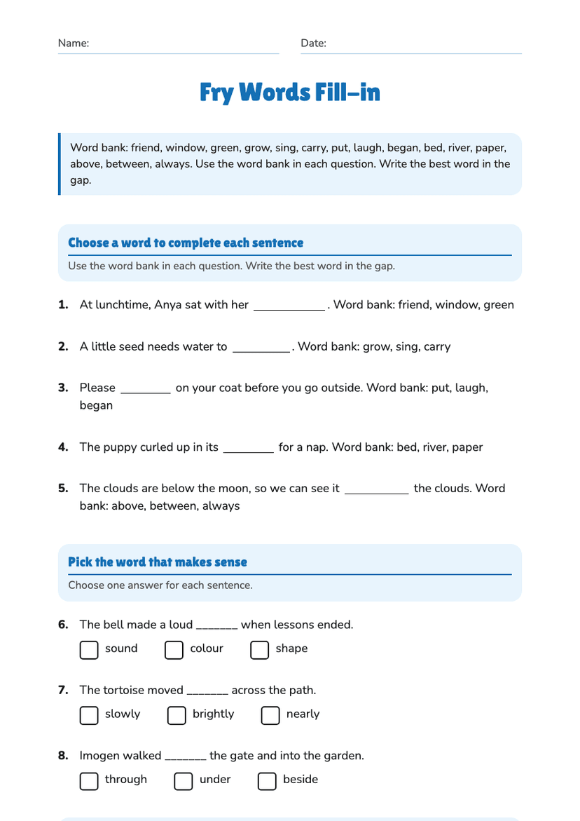 Fry Words Fill-in