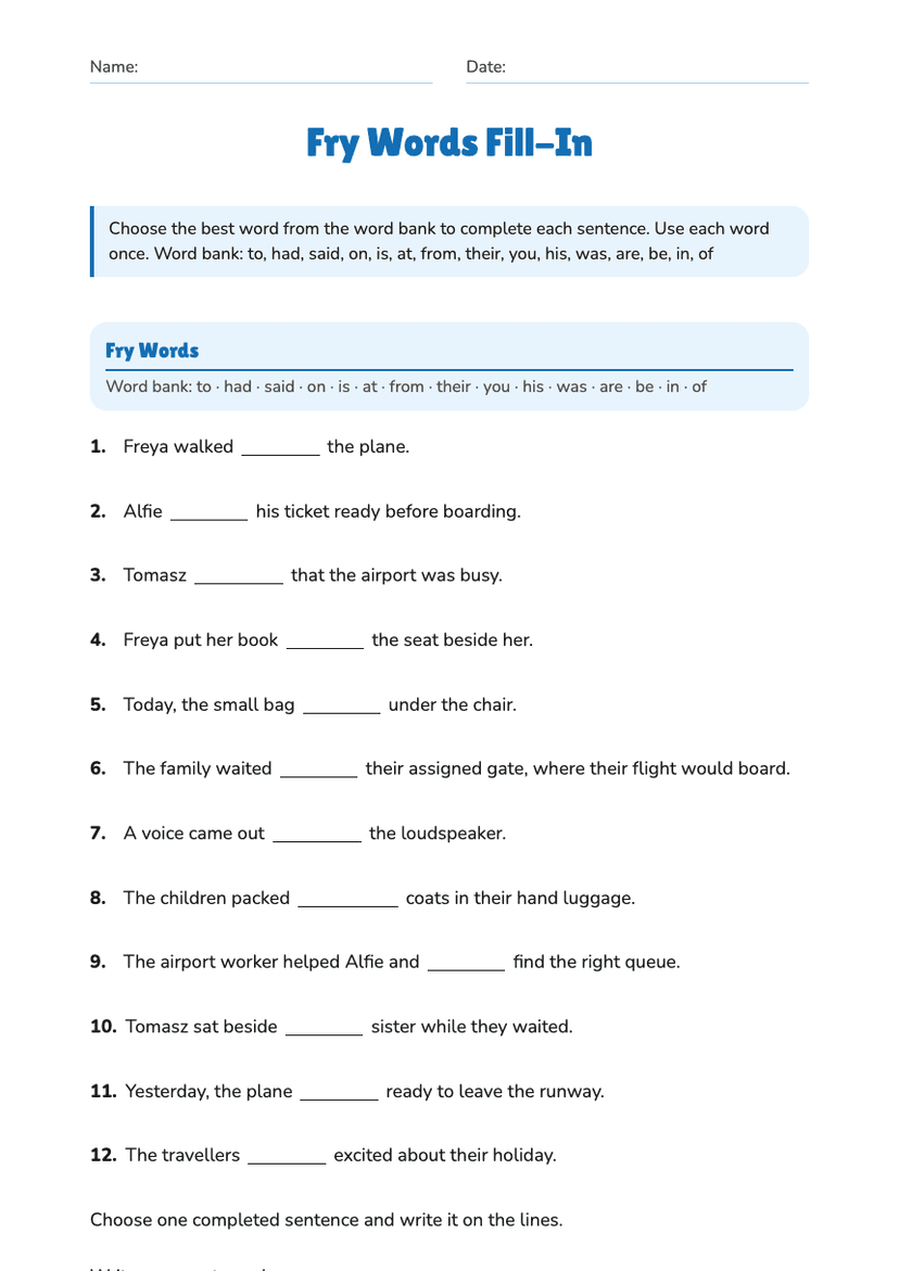 Fry Words Fill-In