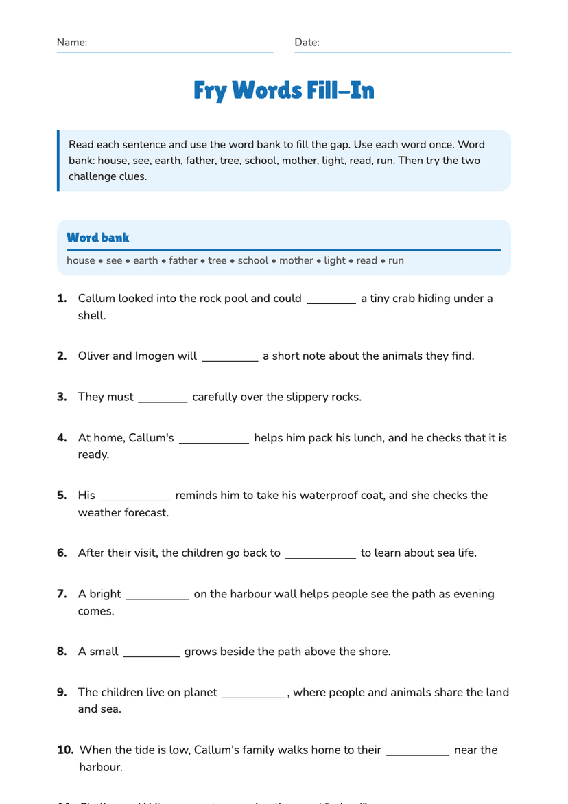 Fry Words Fill-In