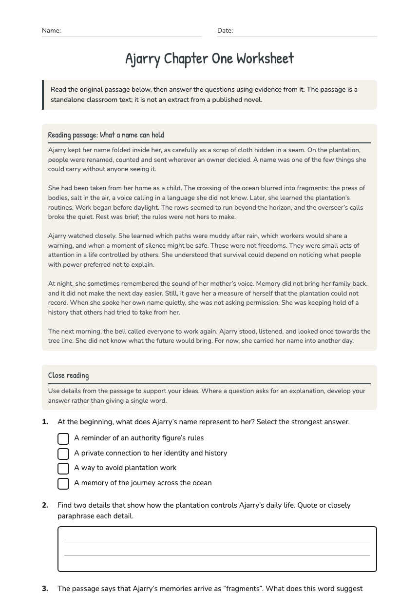 Ajarry Chapter One Worksheet worksheet preview
