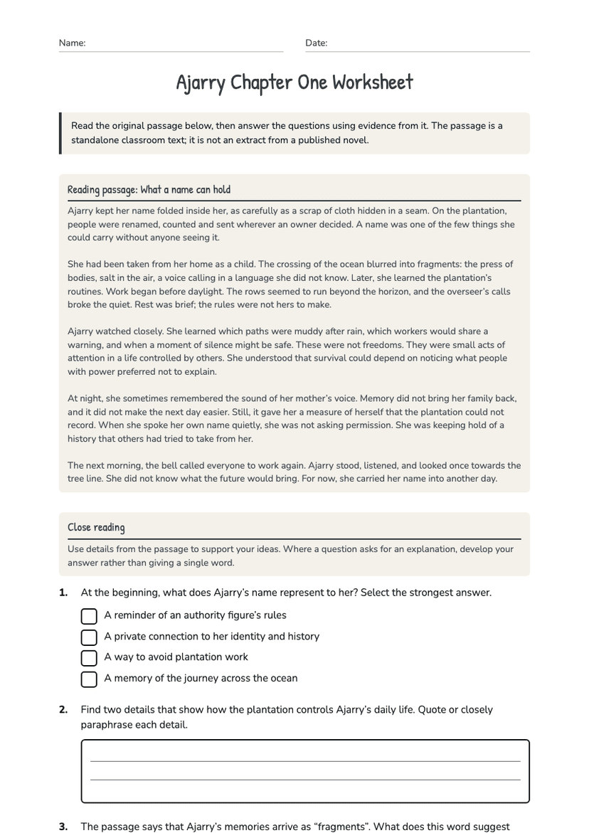 Ajarry Chapter One Worksheet