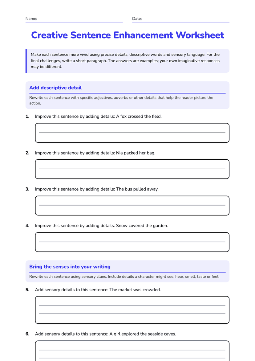 Creative Sentence Enhancement Worksheet