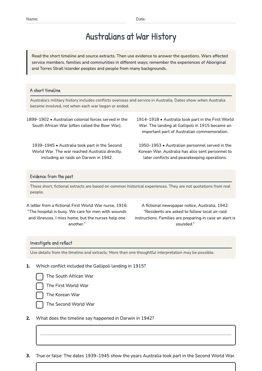 Australians at War History worksheet preview