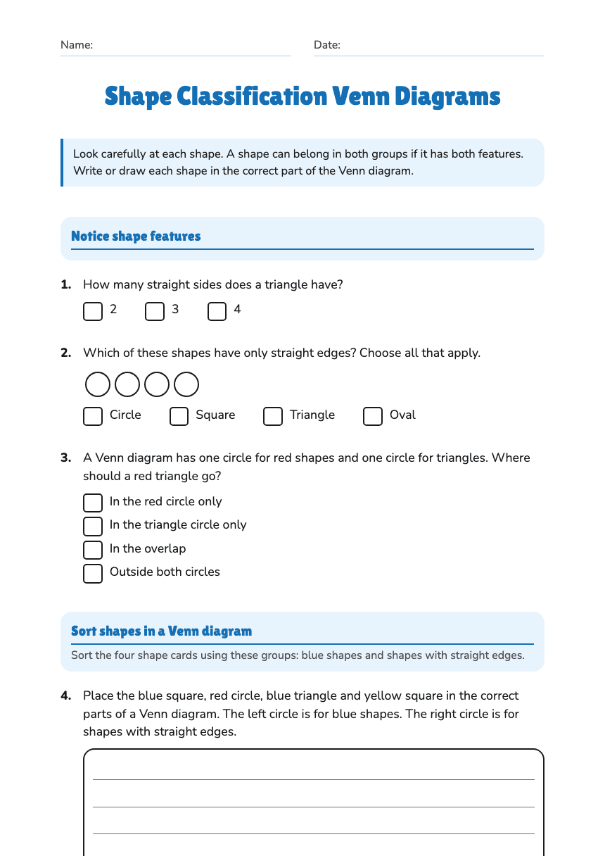 Shape Classification Venn Diagrams worksheet preview
