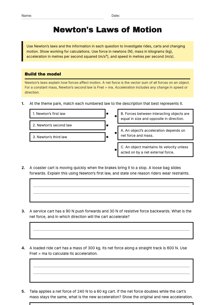 Newton's Laws of Motion worksheet preview