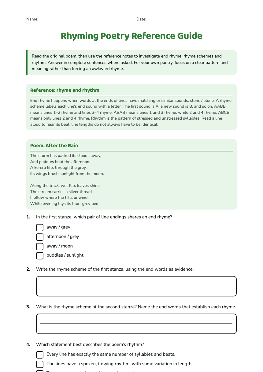 Rhyming Poetry Reference Guide worksheet preview
