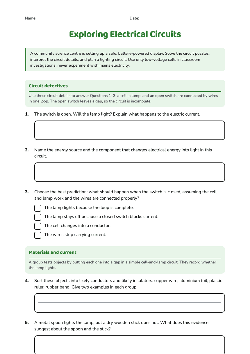 Exploring Electrical Circuits worksheet preview