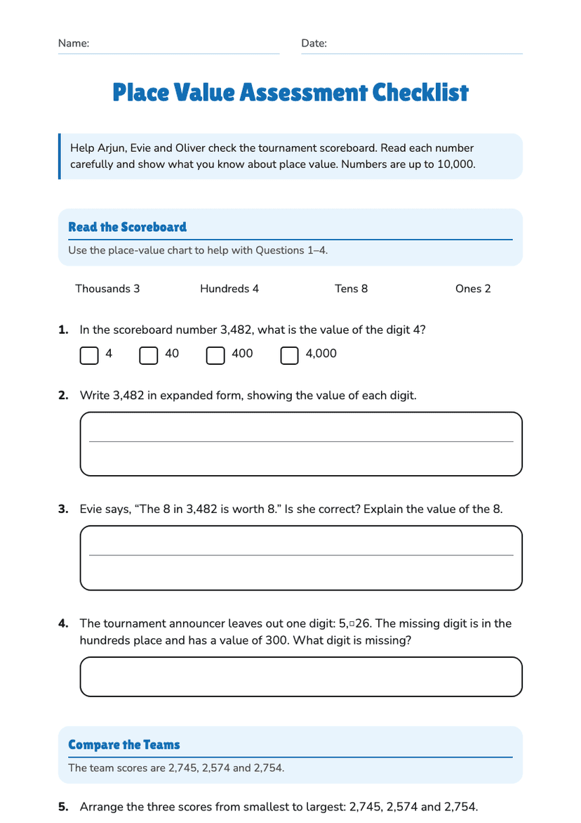 Place Value Assessment Checklist