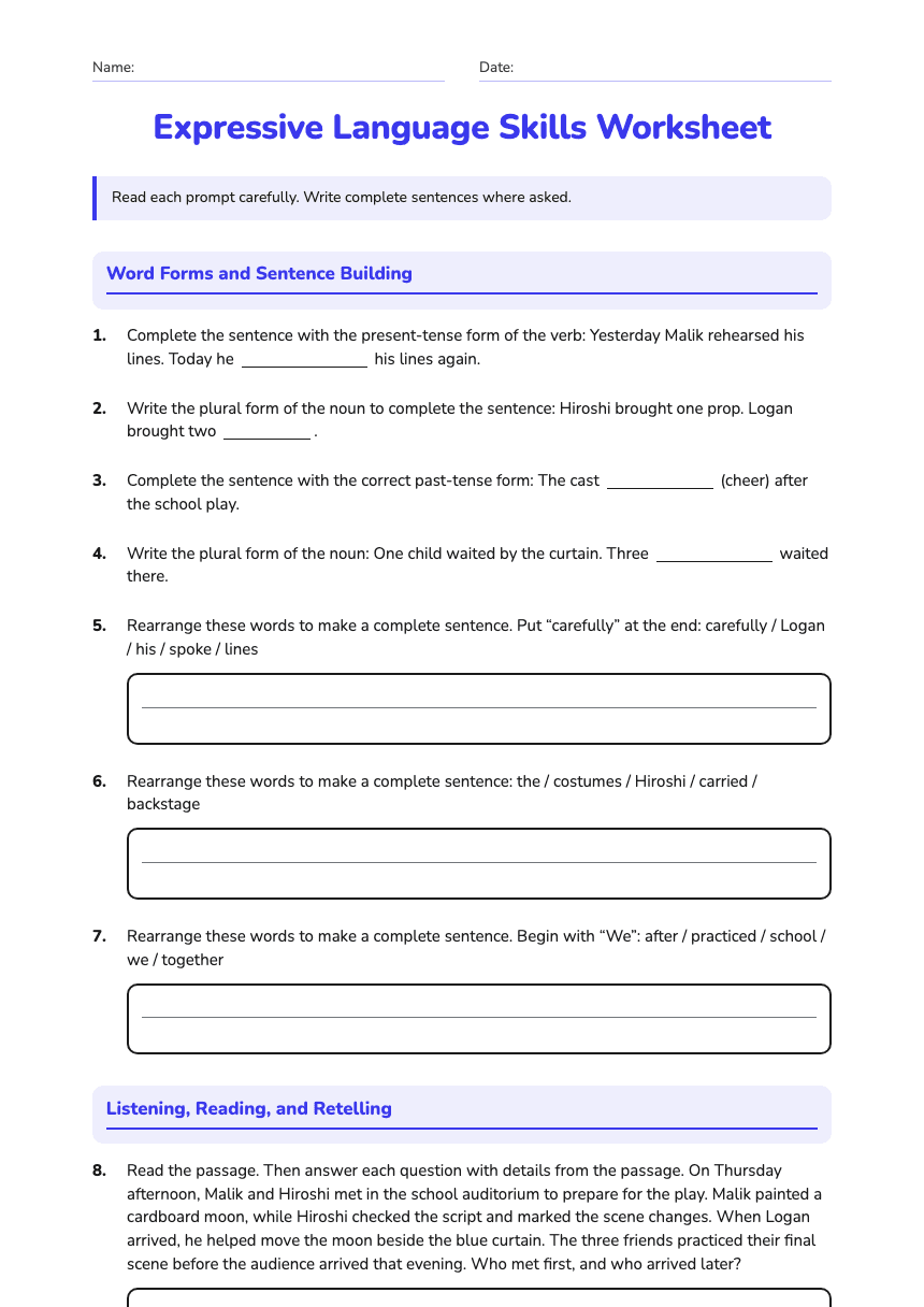 Expressive Language Skills Worksheet worksheet preview