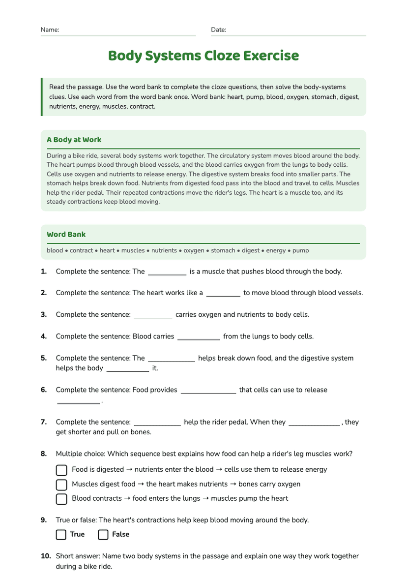 Body Systems Cloze Exercise