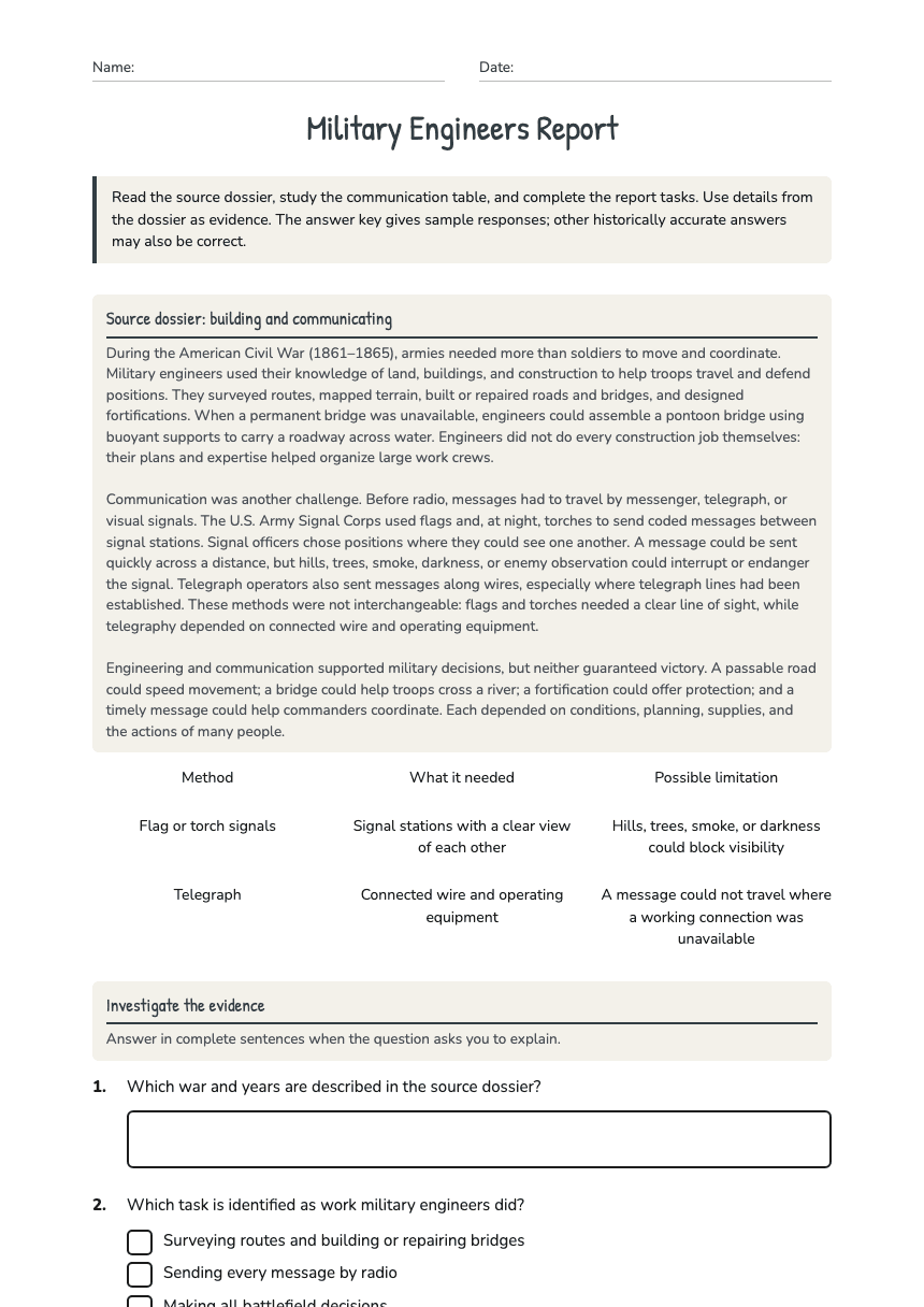 Military Engineers Report worksheet preview