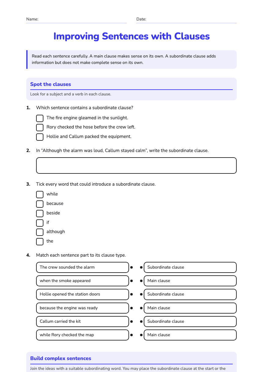 Improving Sentences with Clauses worksheet preview