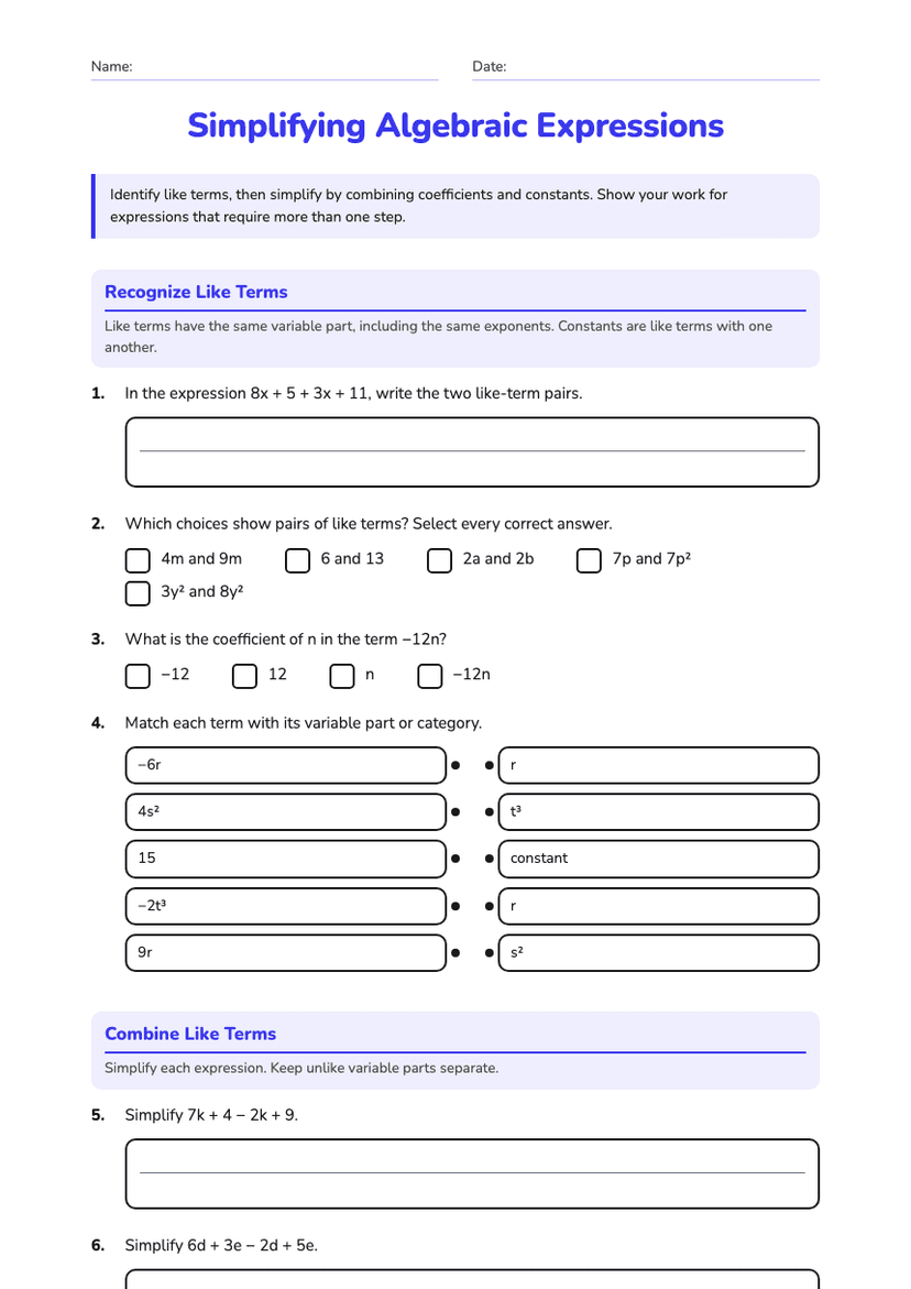 Simplifying Algebraic Expressions