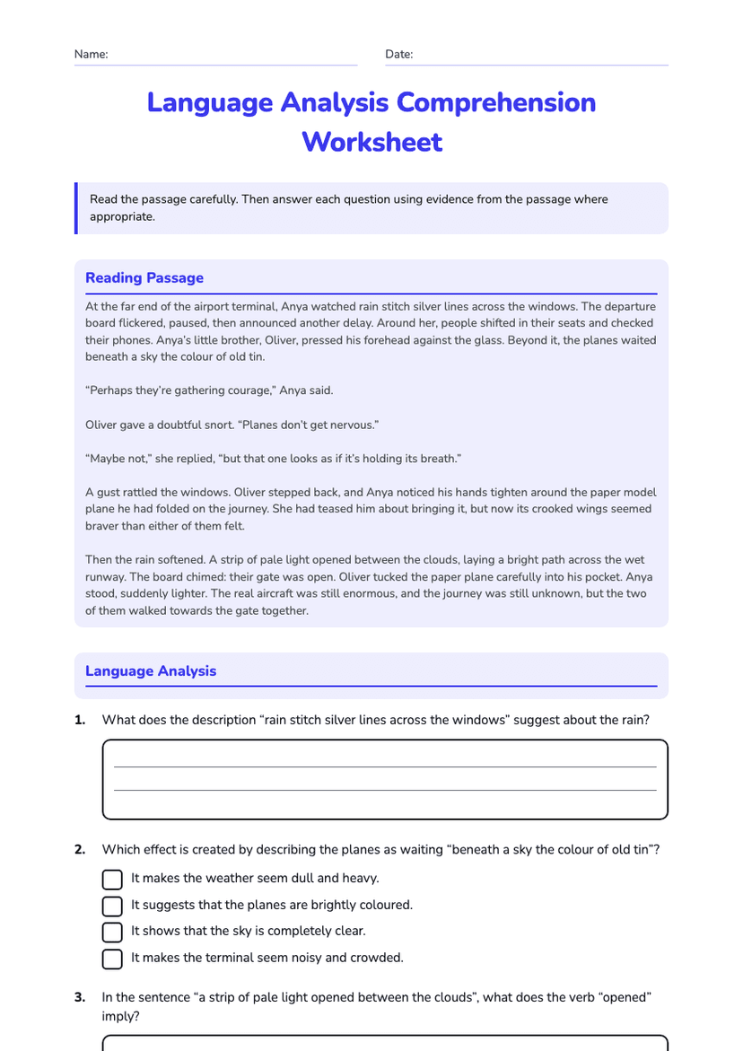 Language Analysis Comprehension Worksheet