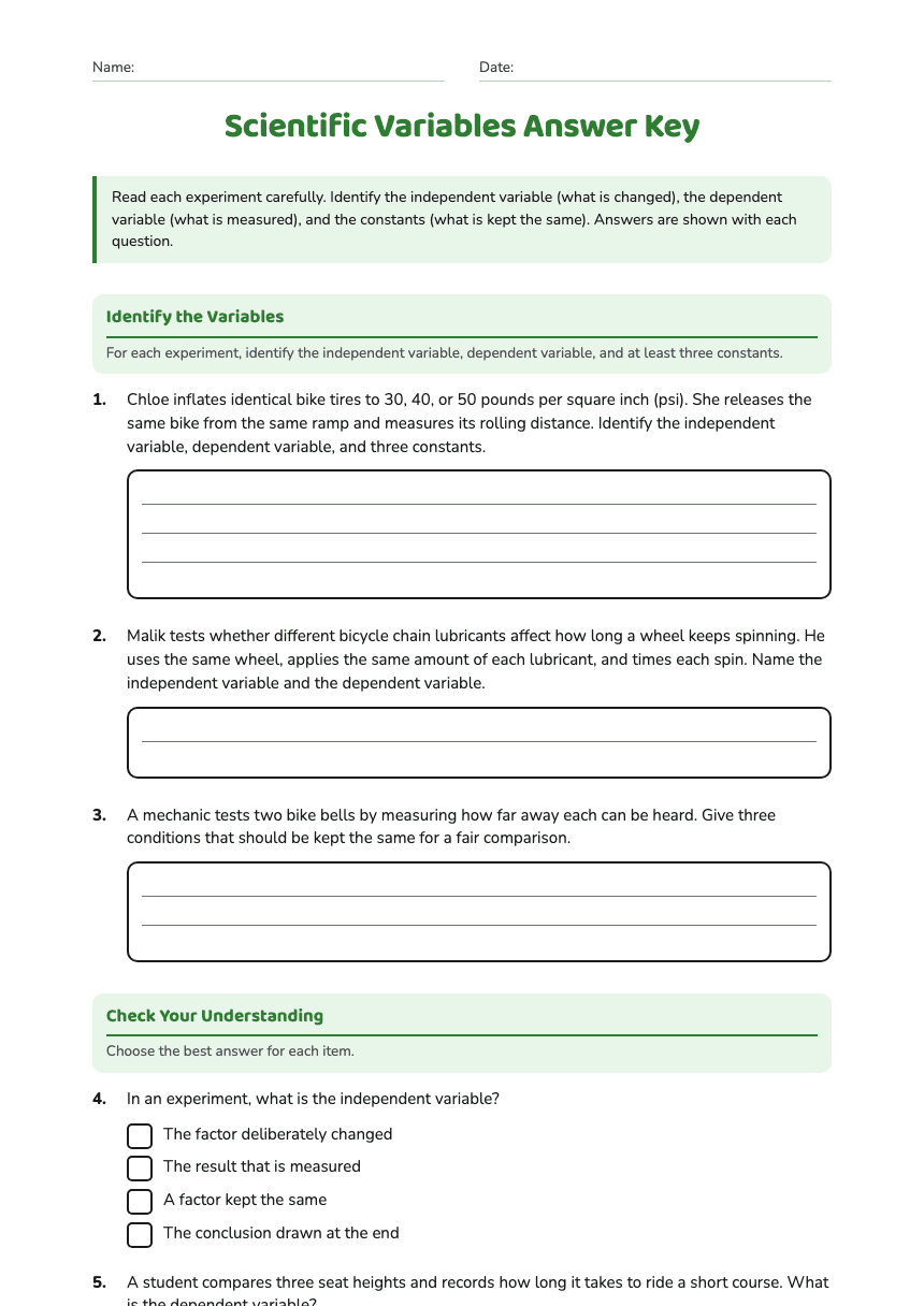 Scientific Variables Answer Key worksheet preview