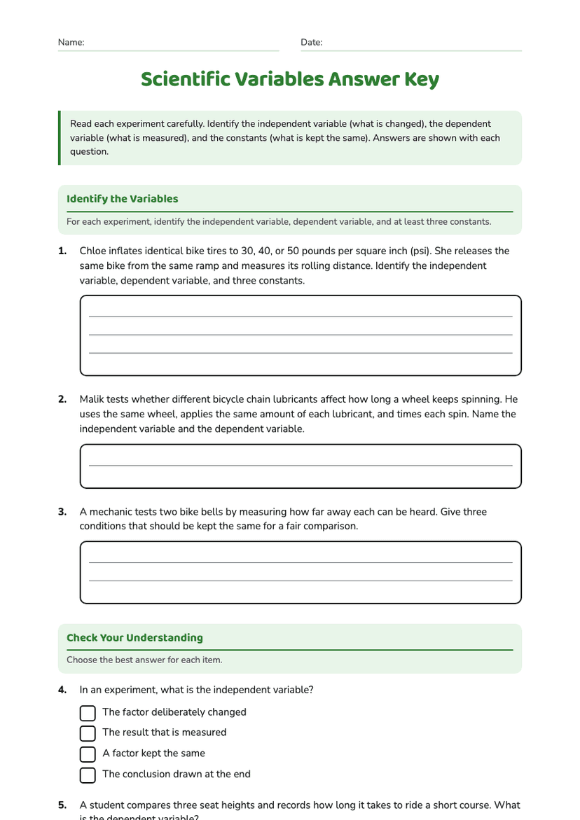 Scientific Variables Answer Key