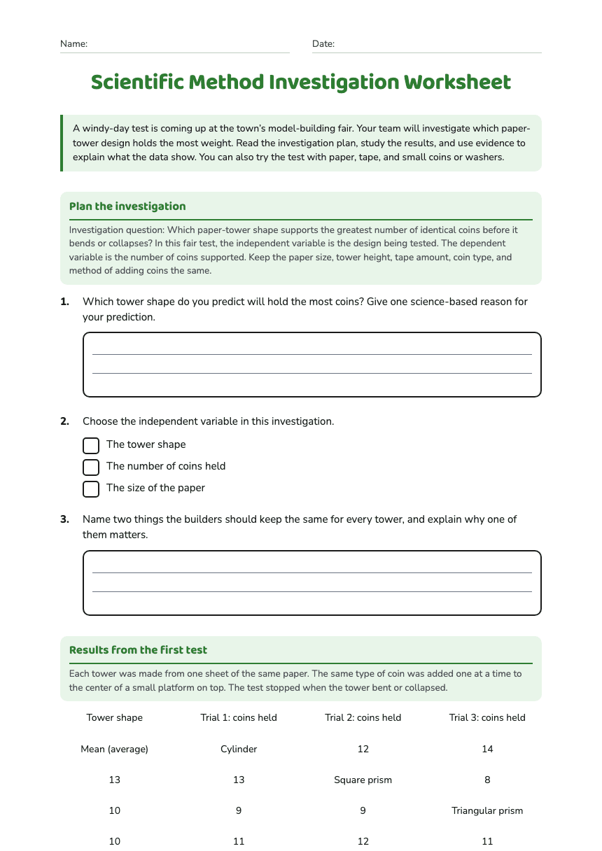 Scientific Method Investigation Worksheet worksheet preview