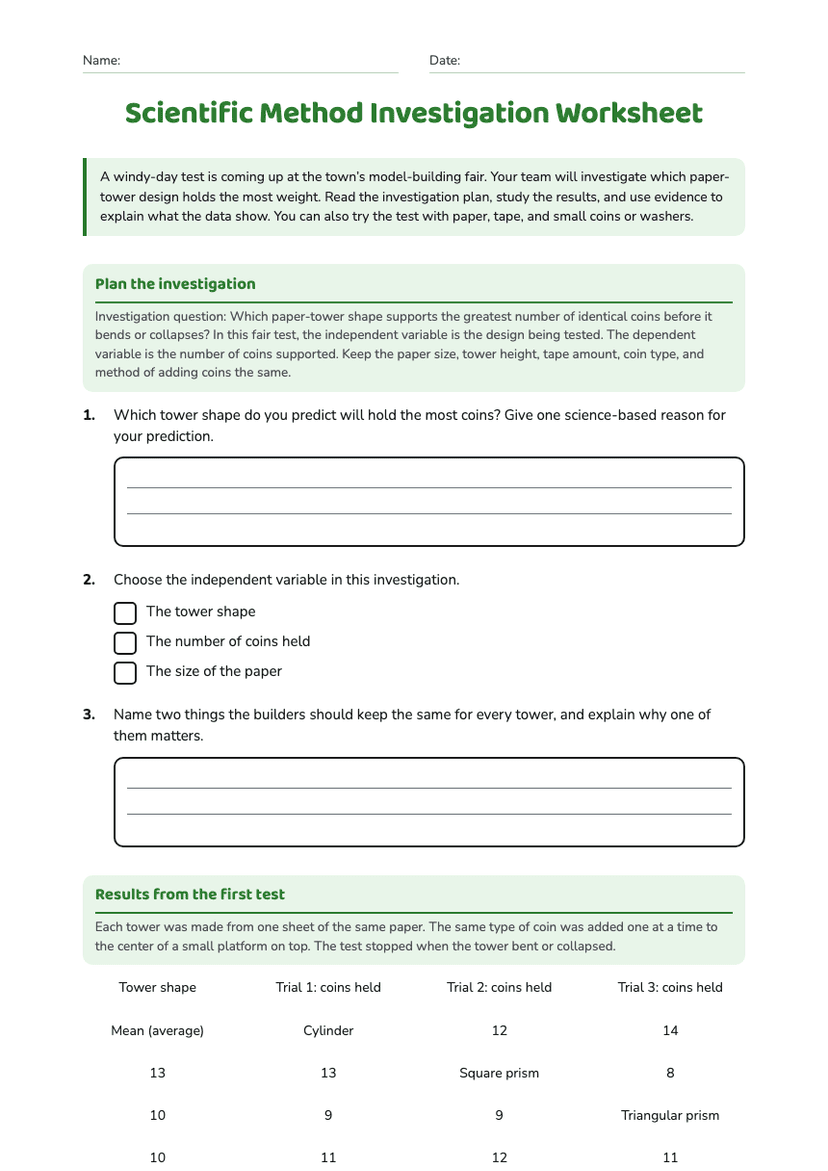 Scientific Method Investigation Worksheet