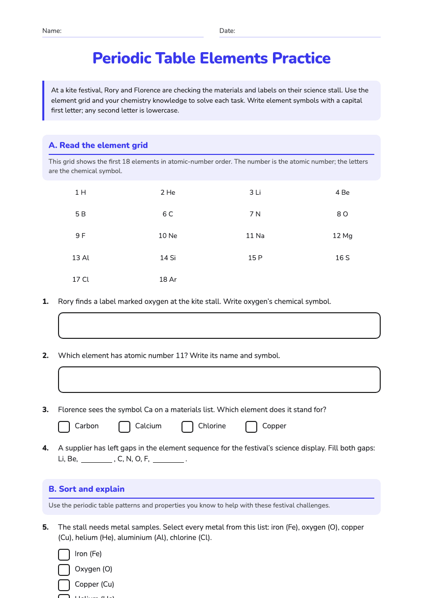 Periodic Table Elements Practice worksheet preview