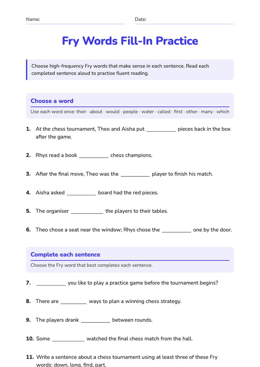 Fry Words Fill-In Practice