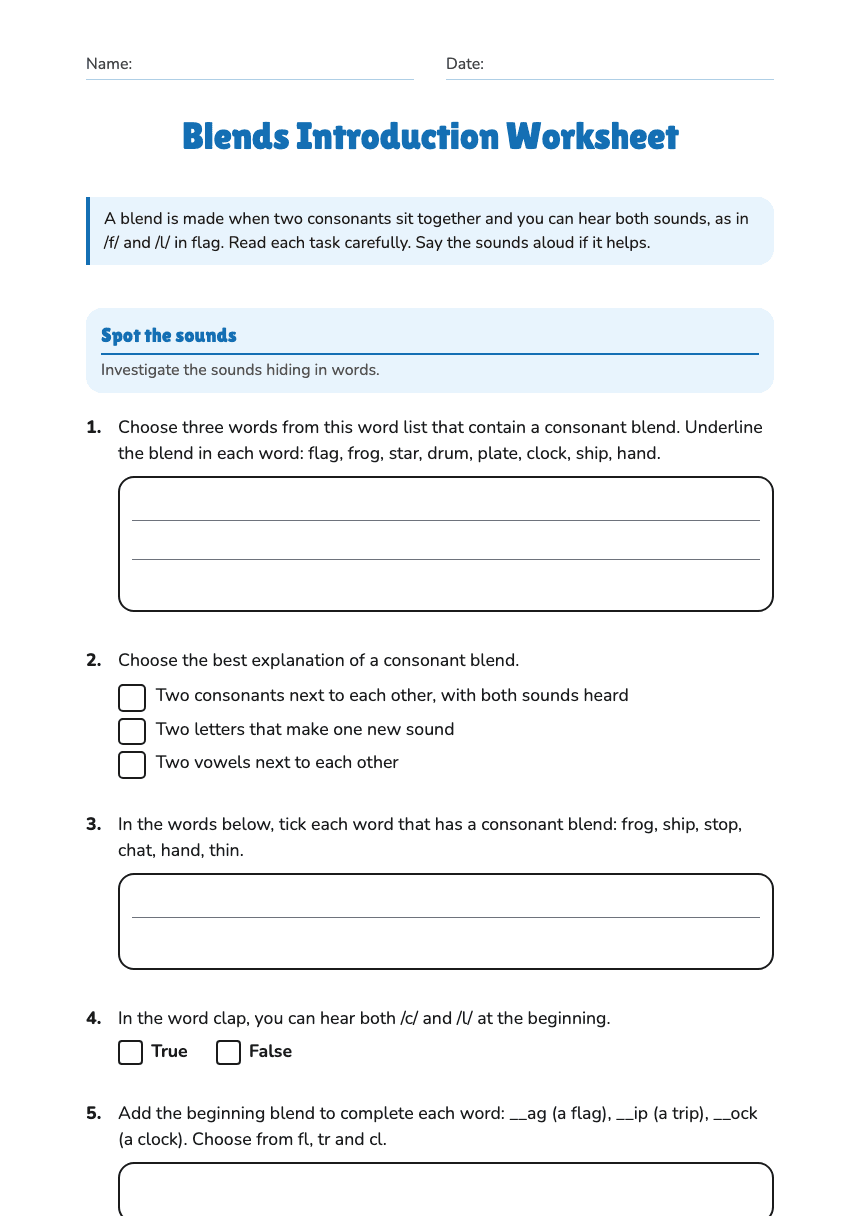 Blends Introduction Worksheet worksheet preview