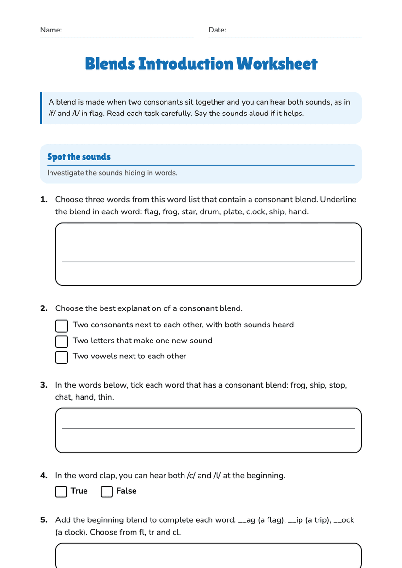 Blends Introduction Worksheet