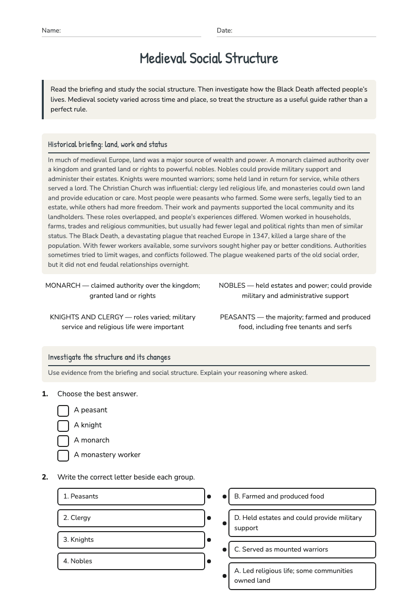 Medieval Social Structure worksheet preview