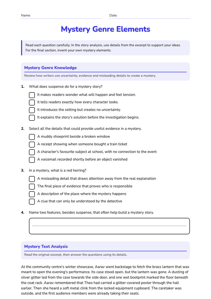 Mystery Genre Elements worksheet preview