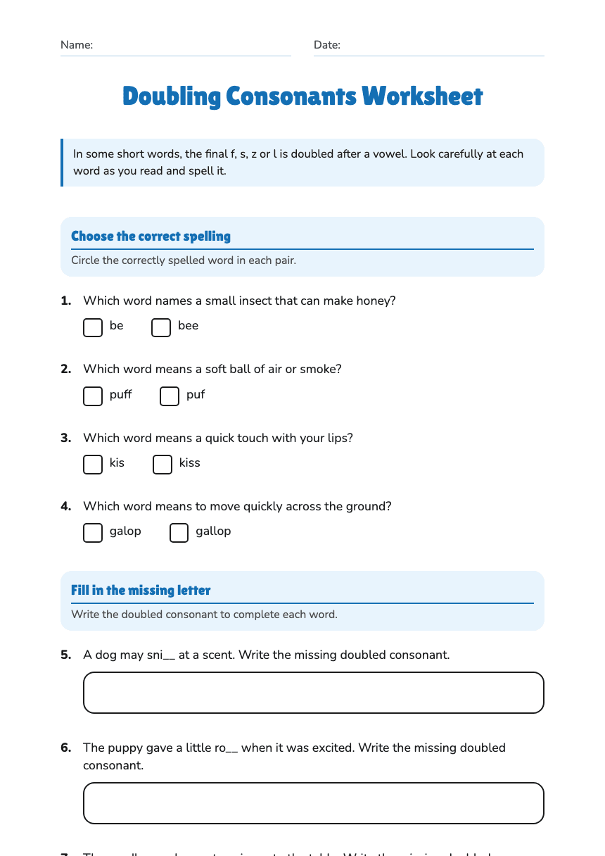 Doubling Consonants Worksheet worksheet preview