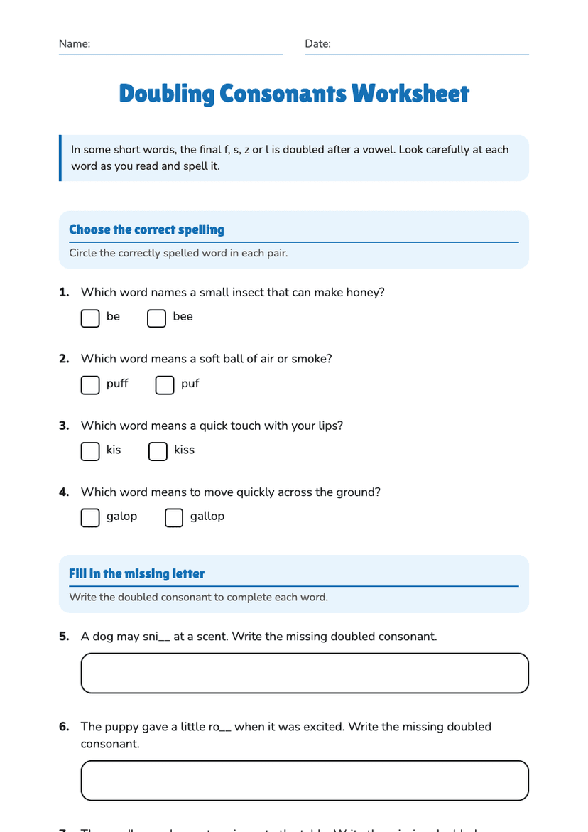 Doubling Consonants Worksheet