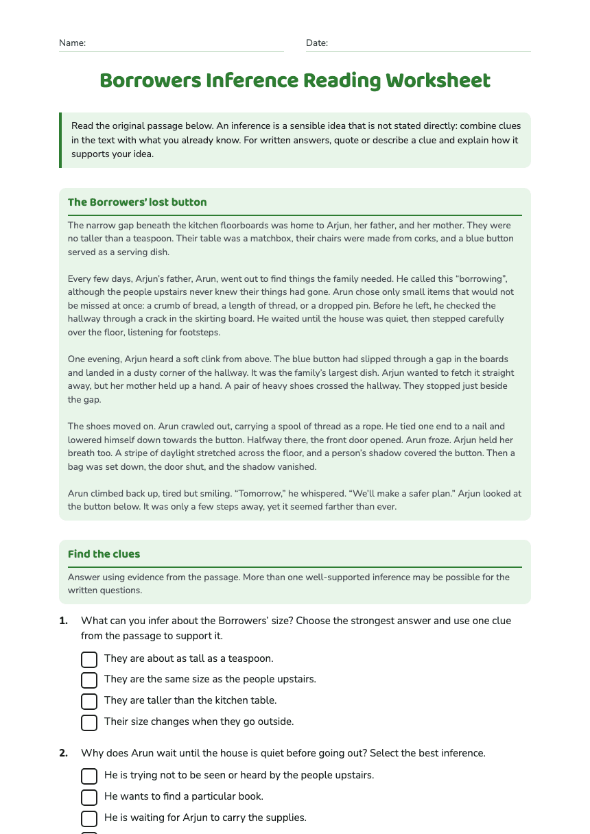 Borrowers Inference Reading Worksheet worksheet preview