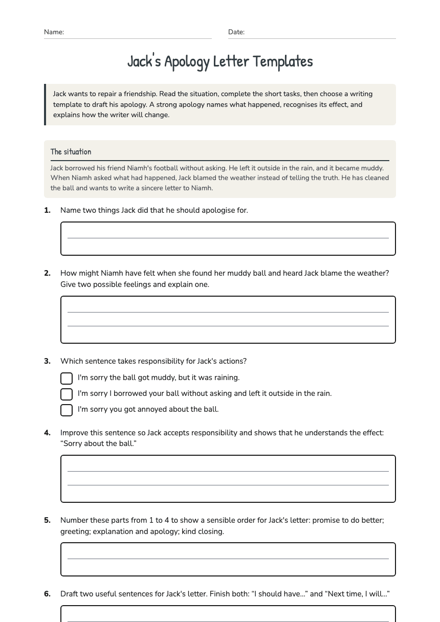 Jack's Apology Letter Templates worksheet preview