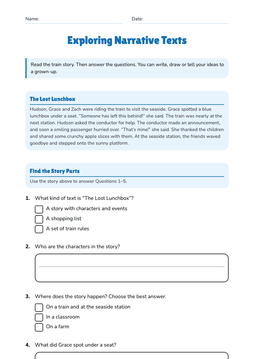 Exploring Narrative Texts worksheet preview