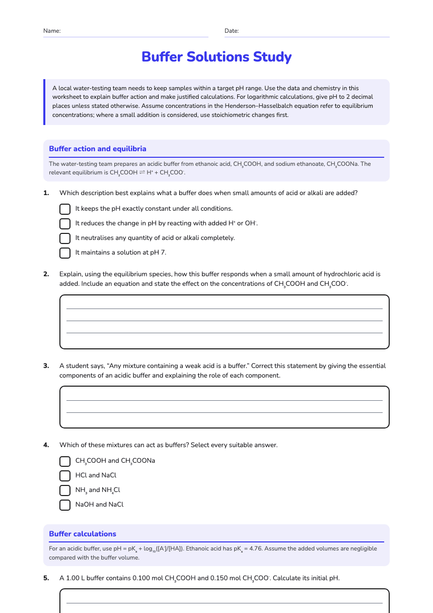 Buffer Solutions Study worksheet preview