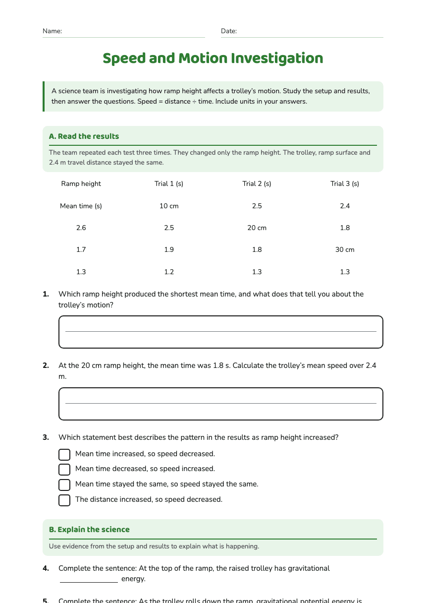 Speed and Motion Investigation worksheet preview