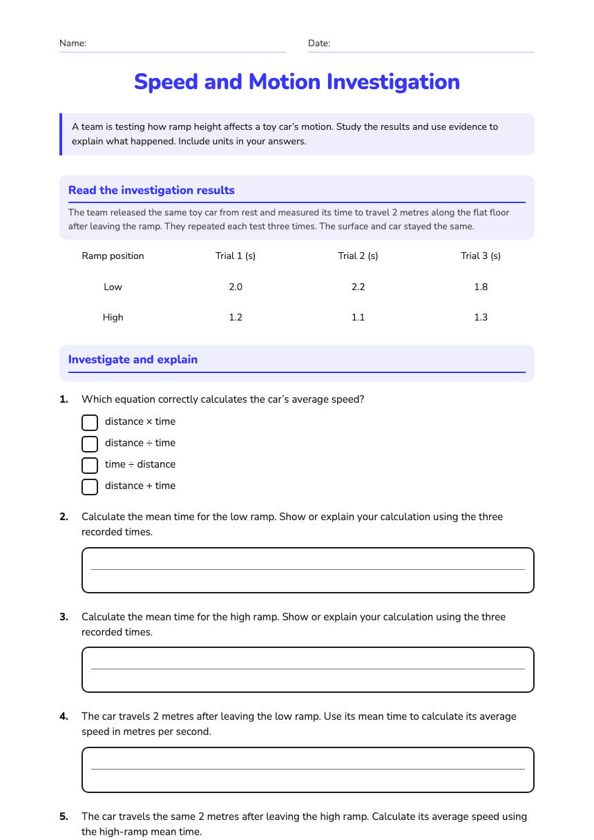 Speed and Motion Investigation worksheet preview