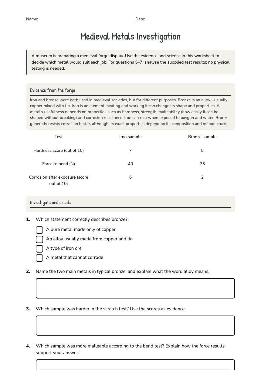 Medieval Metals Investigation worksheet preview