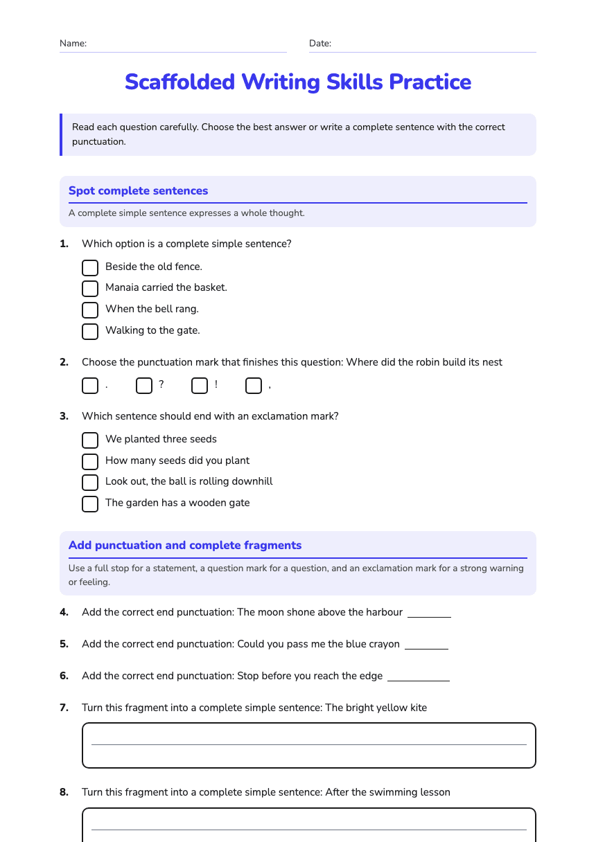 Scaffolded Writing Skills Practice worksheet preview