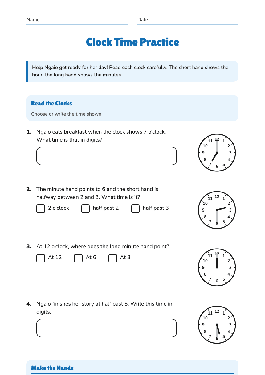 Clock Time Practice worksheet preview