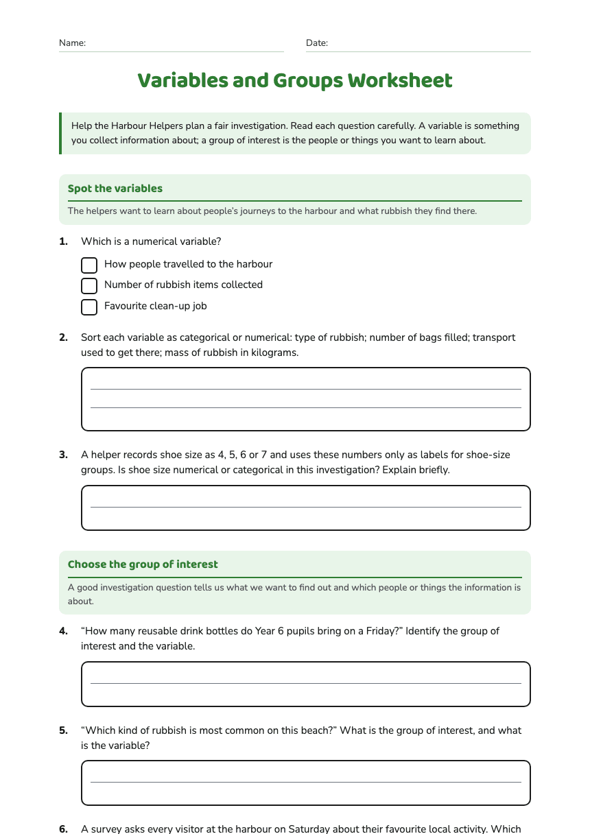 Variables and Groups Worksheet worksheet preview
