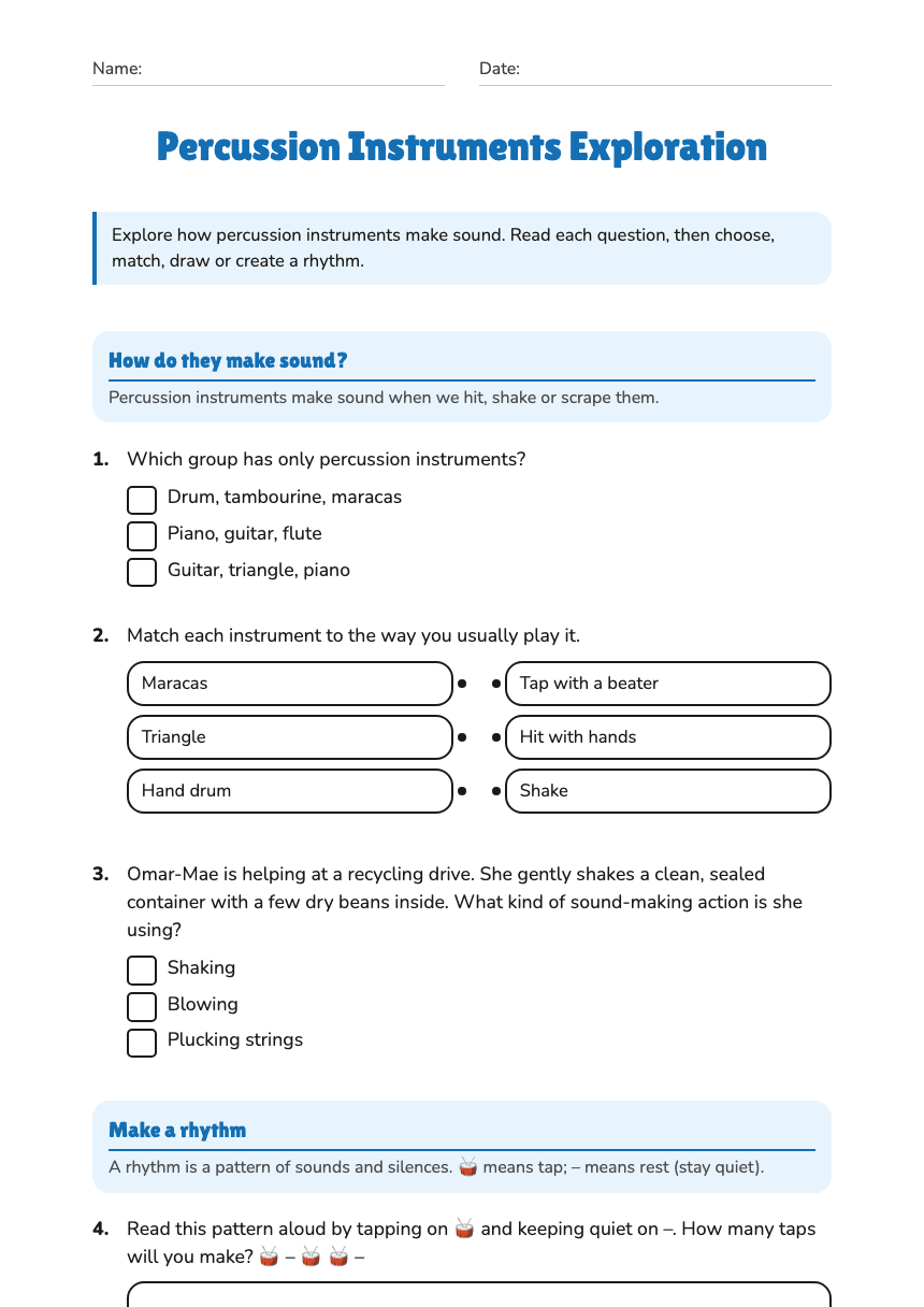 Percussion Instruments Exploration worksheet preview