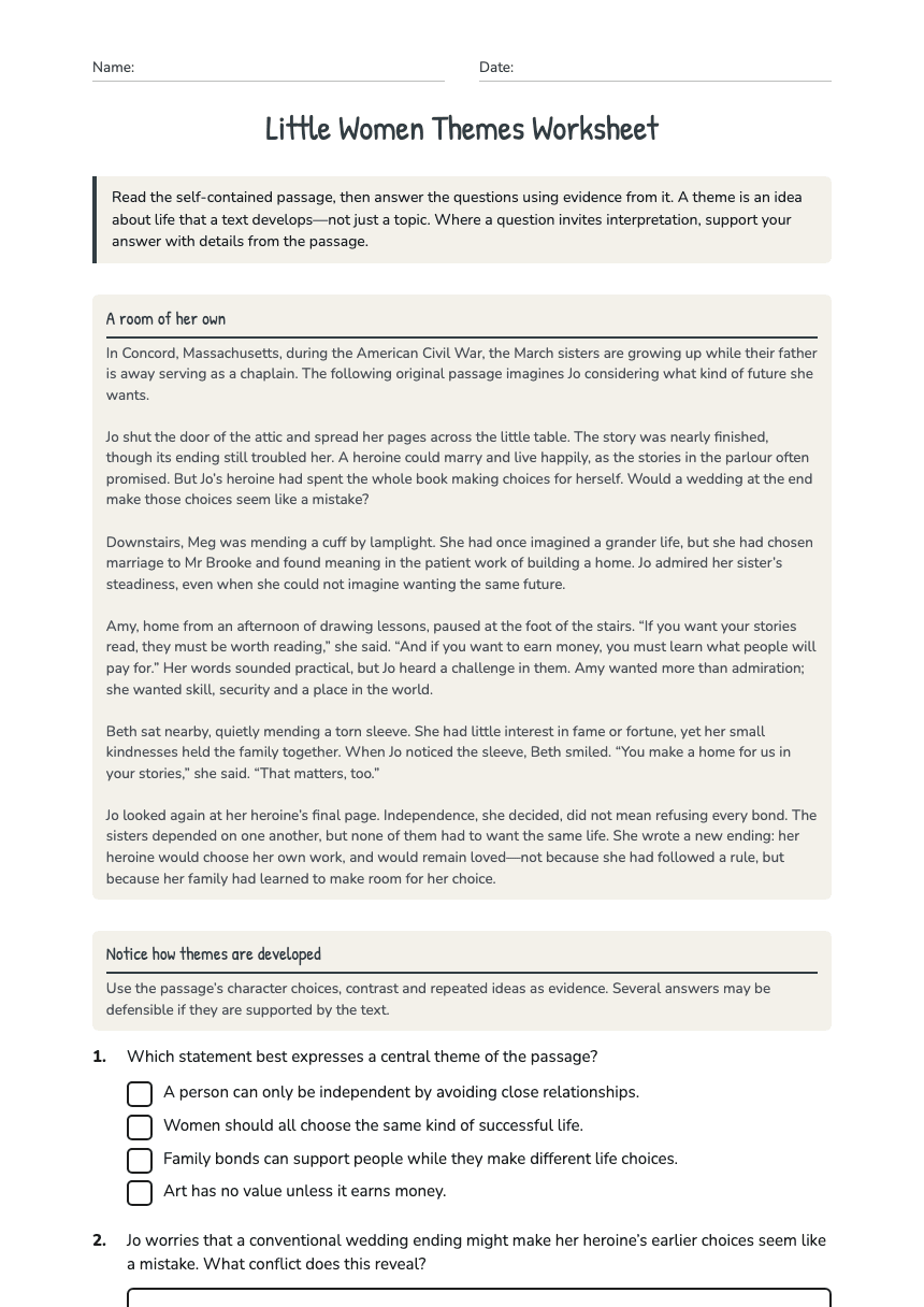 Little Women Themes Worksheet worksheet preview