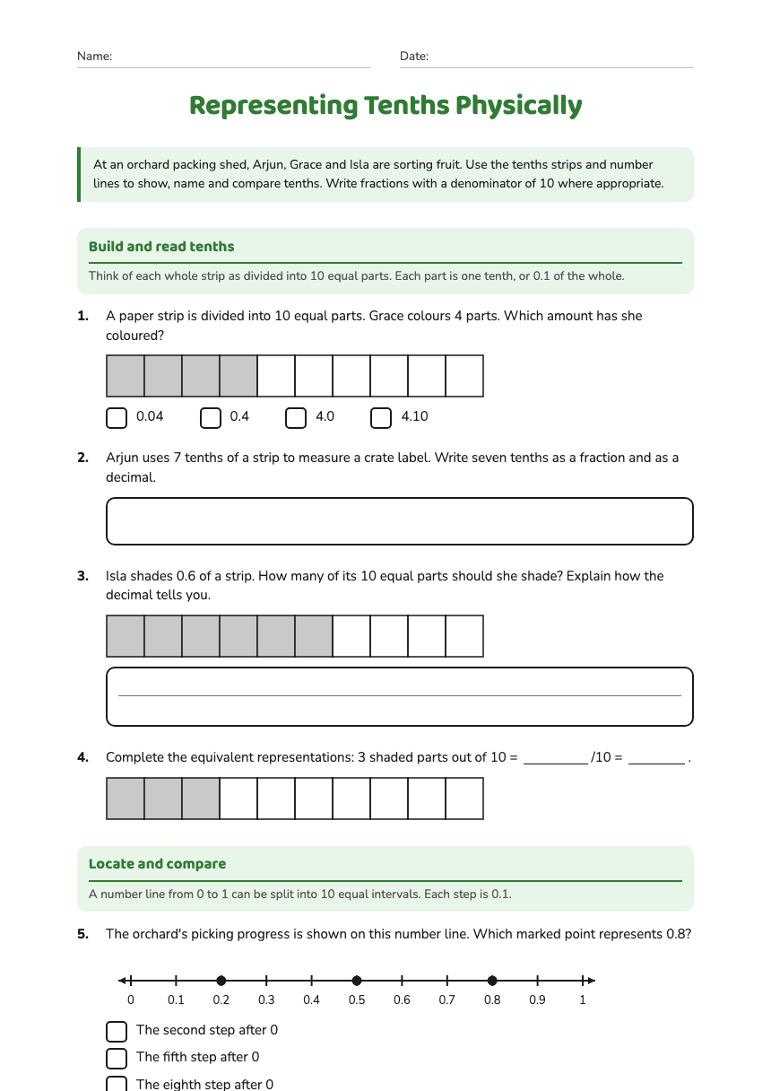 Representing Tenths Physically worksheet preview