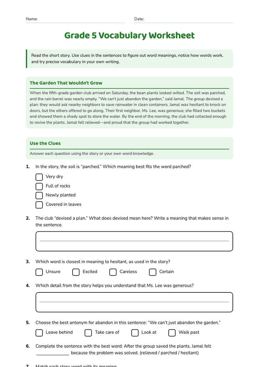 Grade 5 Vocabulary Worksheet