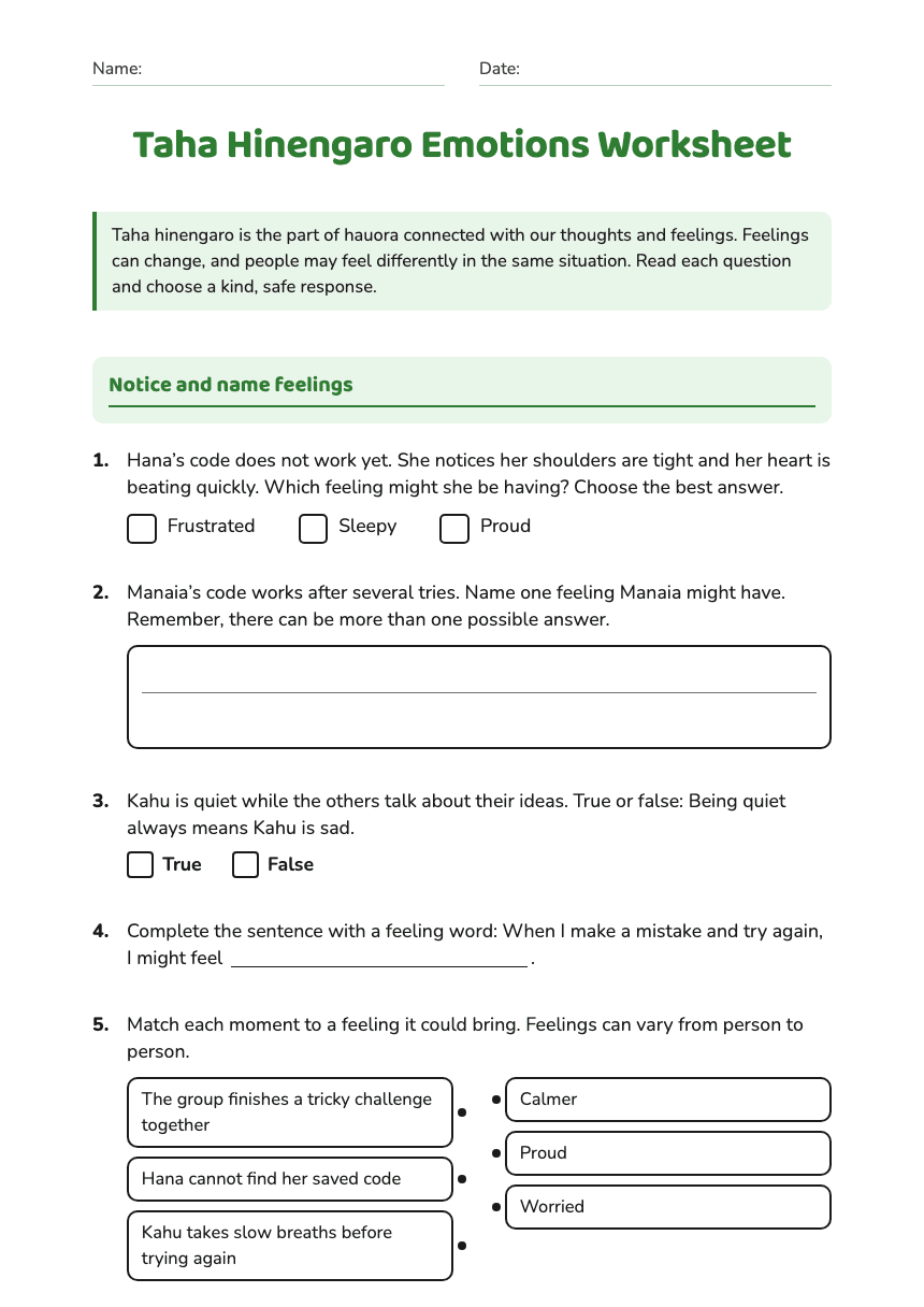 Taha Hinengaro Emotions Worksheet worksheet preview