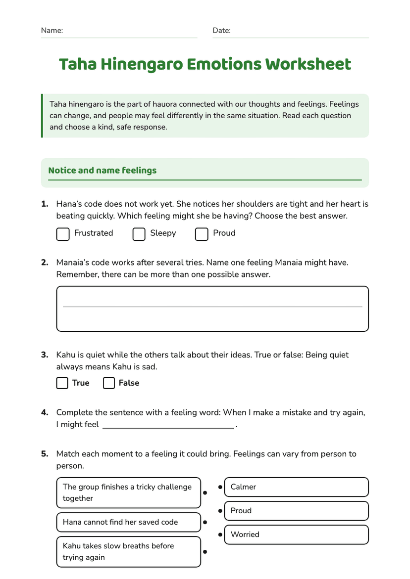 Taha Hinengaro Emotions Worksheet