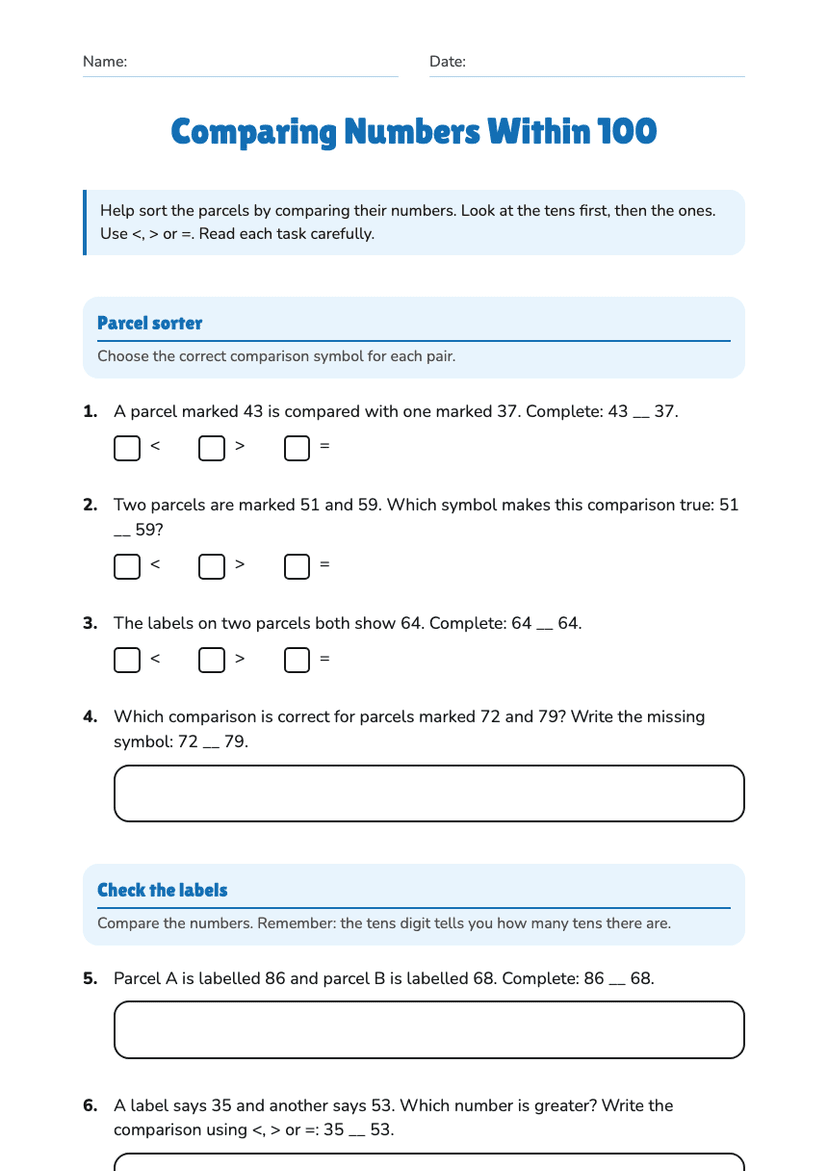 Comparing Numbers Within 100