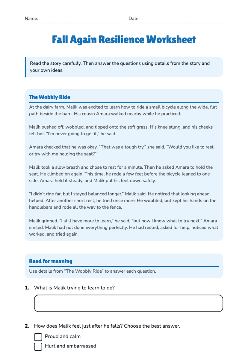 Fall Again Resilience Worksheet