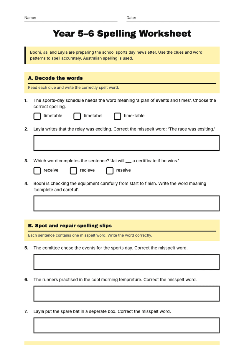 Year 5–6 Spelling Worksheet