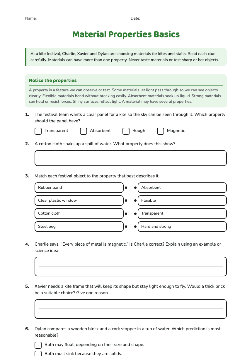 Material Properties Basics worksheet preview